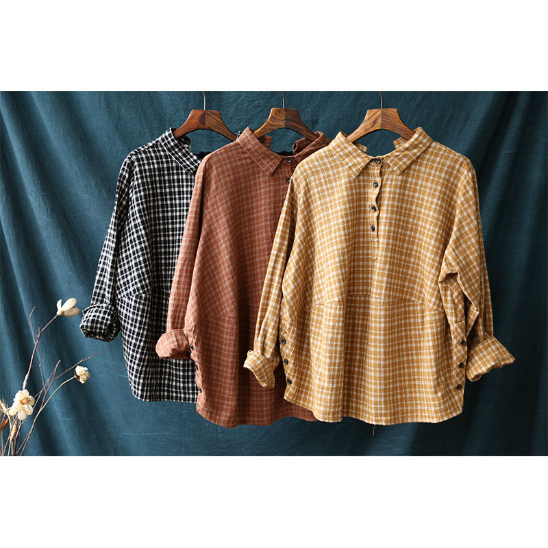 Spring Arts Style Women Long Sleeve Turn-down Collar Loose Shirts Cotton Linen Plaid Casual Blouses Femme Tops Plus Size S701 210512