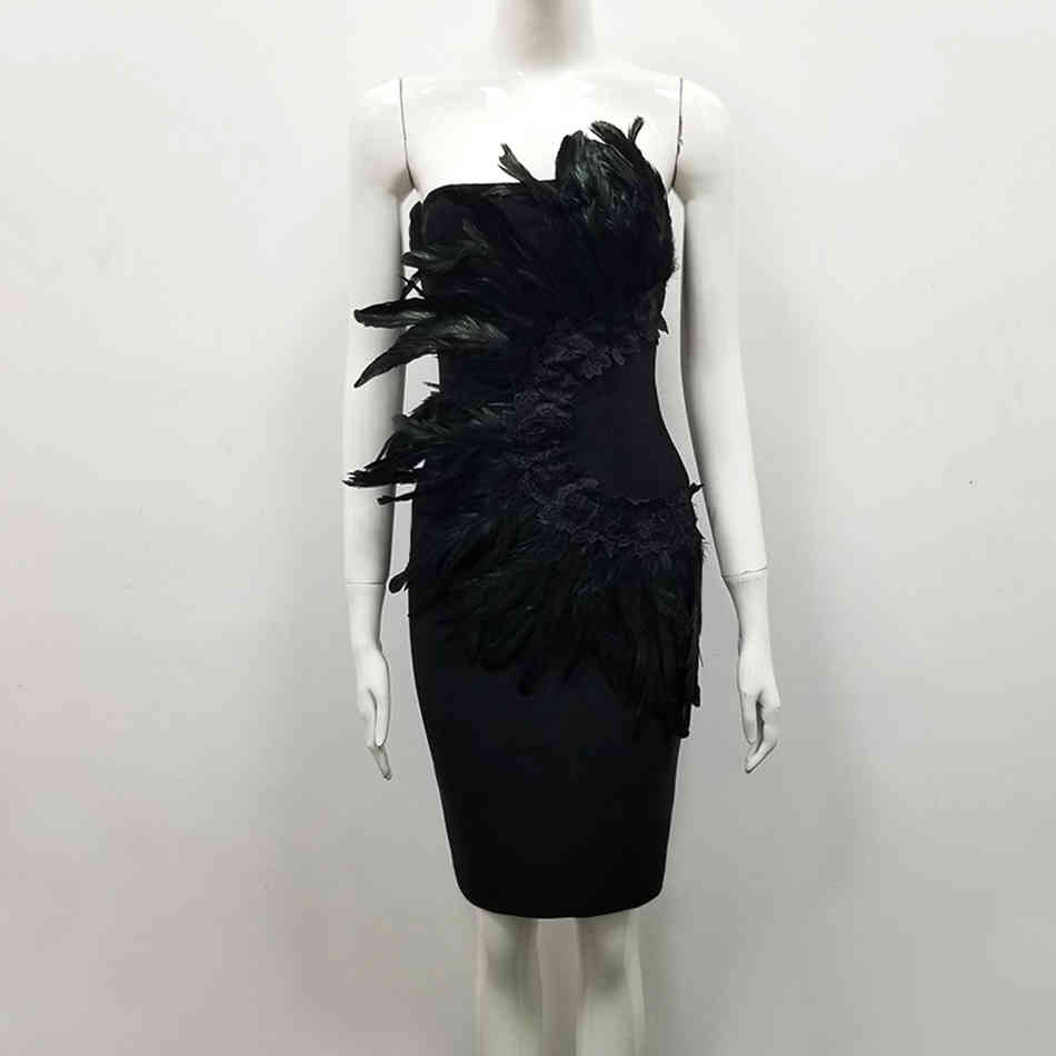 High Quality Women's Black Bandage Dress Summer Strapless Sexy Bodycon Feather Elegant Celebrity Party Vestidos 210524
