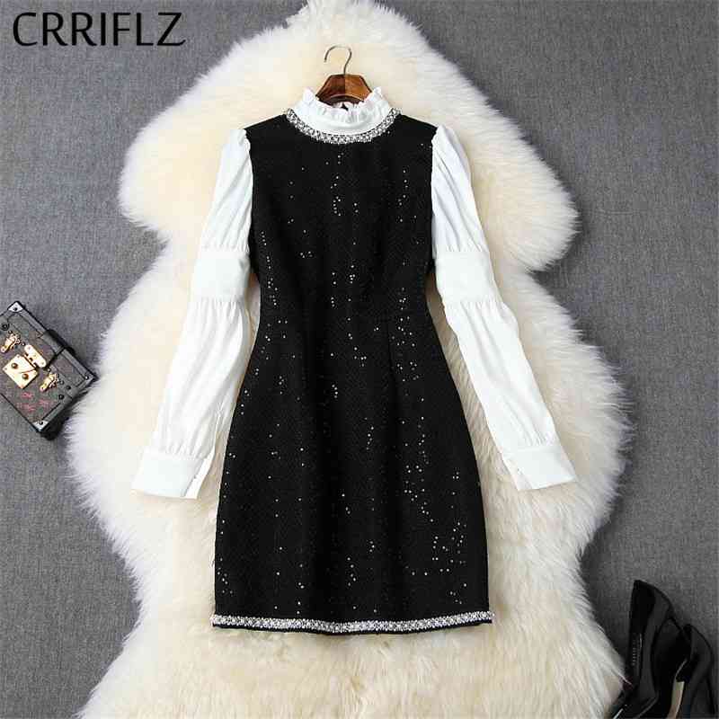 Short Women Tweed Dress Packwork Lantern Sleeve Waveselvedge Stand Collar Slim Black White Ladies Party 210520
Short Women Tweed Dress Packwork Lantern Sleeve Waveselvedge Stand Collar Slim Black White Ladies Party 210520