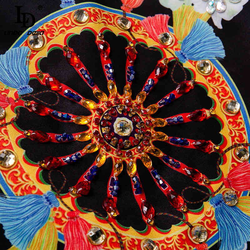 Fashion Runway Autumn Vintage Two Pieces Set Suits Women's Short Sleeve Beading Tops And Printed Long Pants 210522