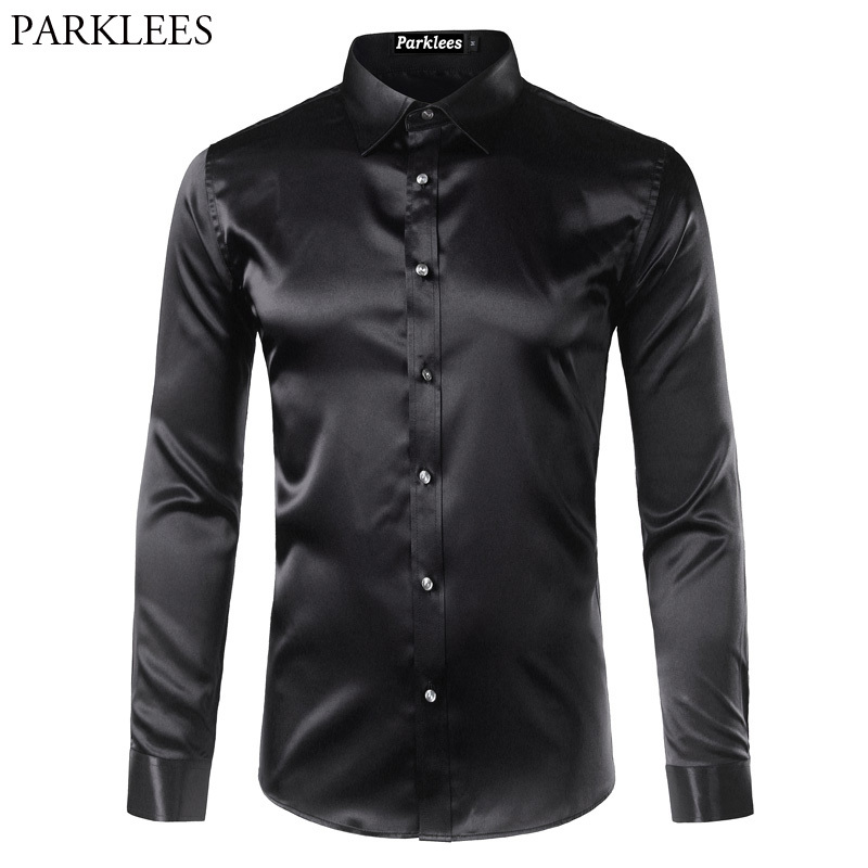 High Quality Silk Satin Shirt Men Chemise Homme Casual Long Sleeve Slim Fit Mens Dress Shirts Business Wedding Male Shirt 210410