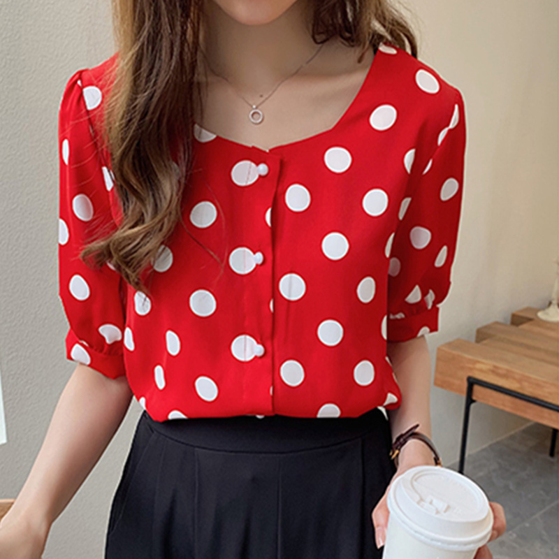 QOERLIN M4XL Summer Style Retro Polka Dot Chiffon Shirt Women Short Sleeve Single Breasted White Black Shirt Femme Big Size 210412