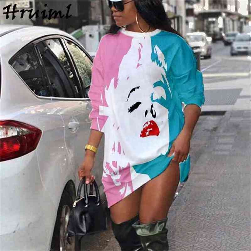 Plus Size Dresses Women Colorful Print Long Sleeve O Neck Female Mini Oversize Autumn Casual Streetwear Beach Tshirt 210513