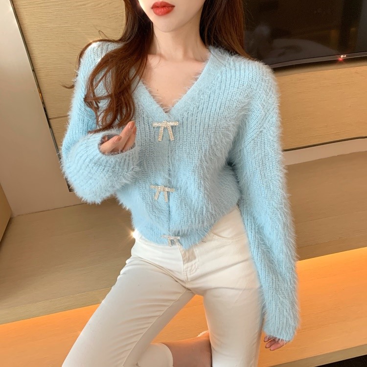 Autumn new womens v-neck rhinestone bow buttons patchwork mohair wool knitted long sleeve short sweater cardigan coat plus size SML