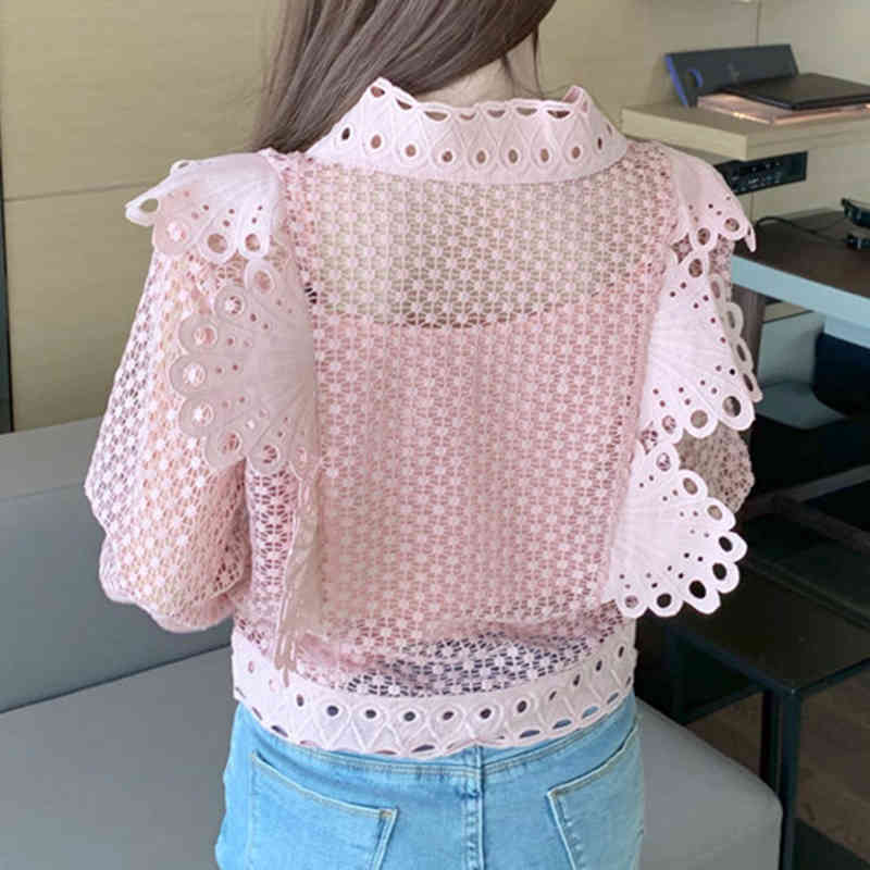 Vintage Puff Sleeve Spring Summer Top Blouse Women Hollow V-neck Lace Shirt Blouses Crochet Casual White Blosue Blusas 12960 210512