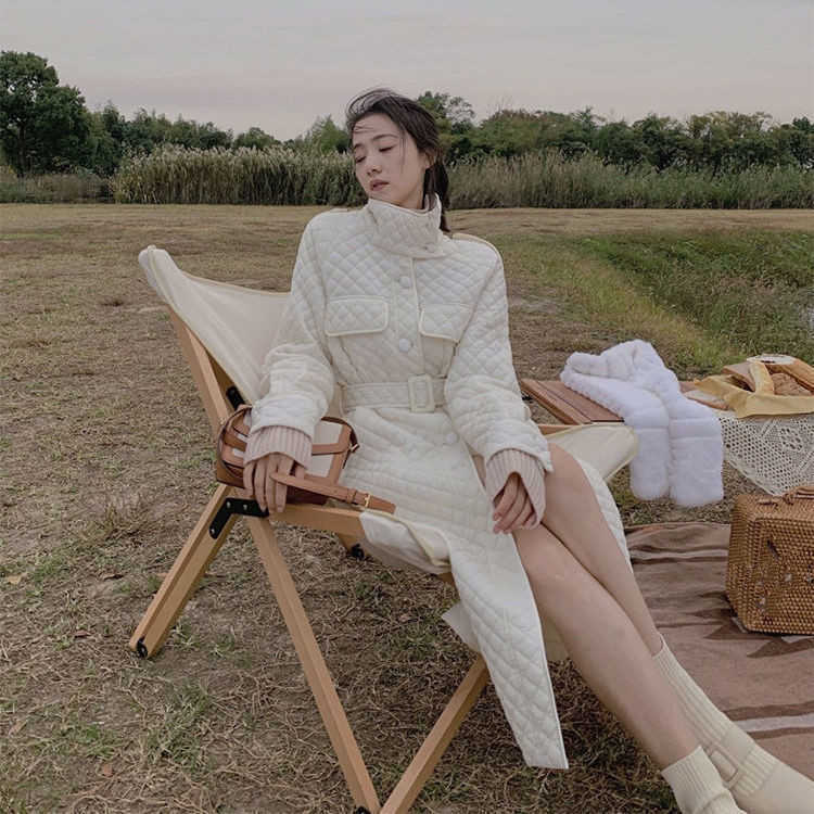 Bella Winter Long Straight Coat Rhombus Pattern Casual Sashe Parkas Pockets Argyle Long Plaid Bubble Jacket 210819