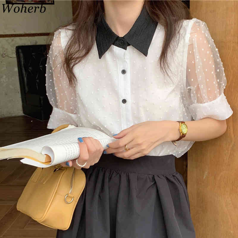 Summer See Through Shirt Women Puff Sleeve Sexy Blouse Mesh Tops Femme Vintage Clothing Ladies Korean Fashion Blusas 210519