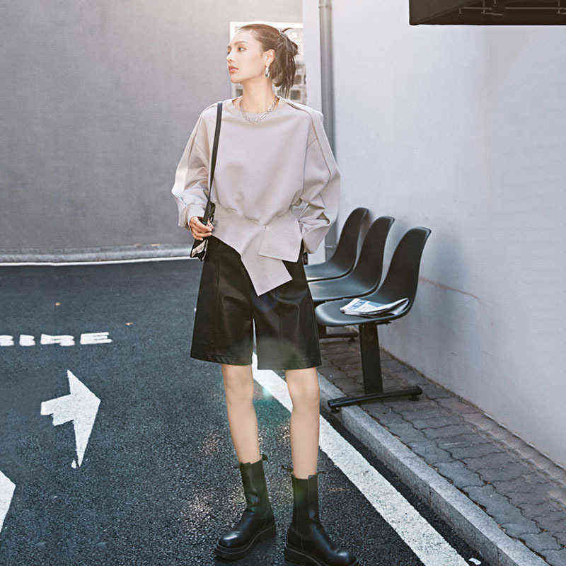 LANMREM Gary round-neck long-sleeve Irregular hem pullover all-match autumn sweatshirt for female fashion 2A1231 211109