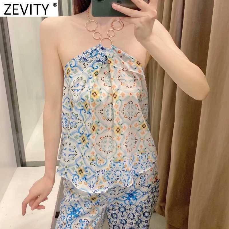 Zevity Women Sexy Strapless Halter Shirt Ladies Cloth Patchwork Floral Print Casual Blouse Roupas Chic Summer Blusas Tops LS9394 210603