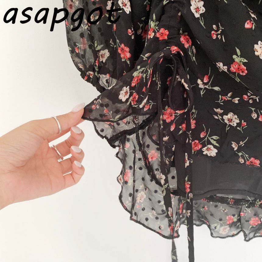 Chic Korean Sweet Lace Up Waist Drawstring Black Floral Dress Women Mini Square Neck Ruffles Spring Fashion Wild 210429