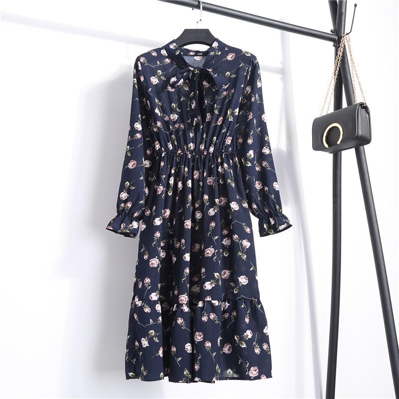 Spring Summer Chiffon Dress Women Casual Midi Bow Vintage Floral Print Dresses Sundress Vestidos Dropshiping 210514