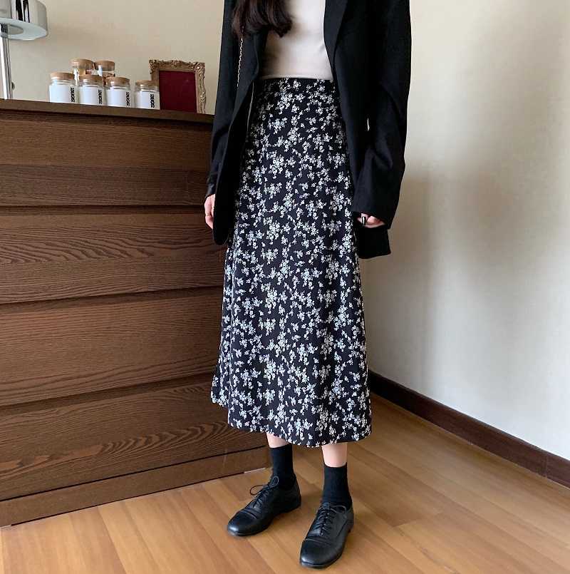 Vintage Floral Print Ruffle Pleated Long Skirts Summer Women Korean Streetwear Drawstring Elastic Waist Midi S-xxl 210619