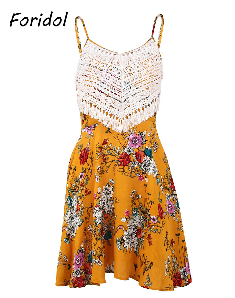 Casual Women Floral Print Summer Dress Backless Crochet White Beach Boho Dress Elegant Chic Mini Dress Vestidos De Mujer 210415