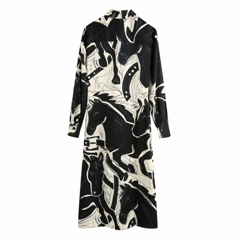 Spring Women Animal Printing Side Slit Midi Shirt Dress Female Long Sleeve Clothes Casual Lady Loose Vestido D7063 210430