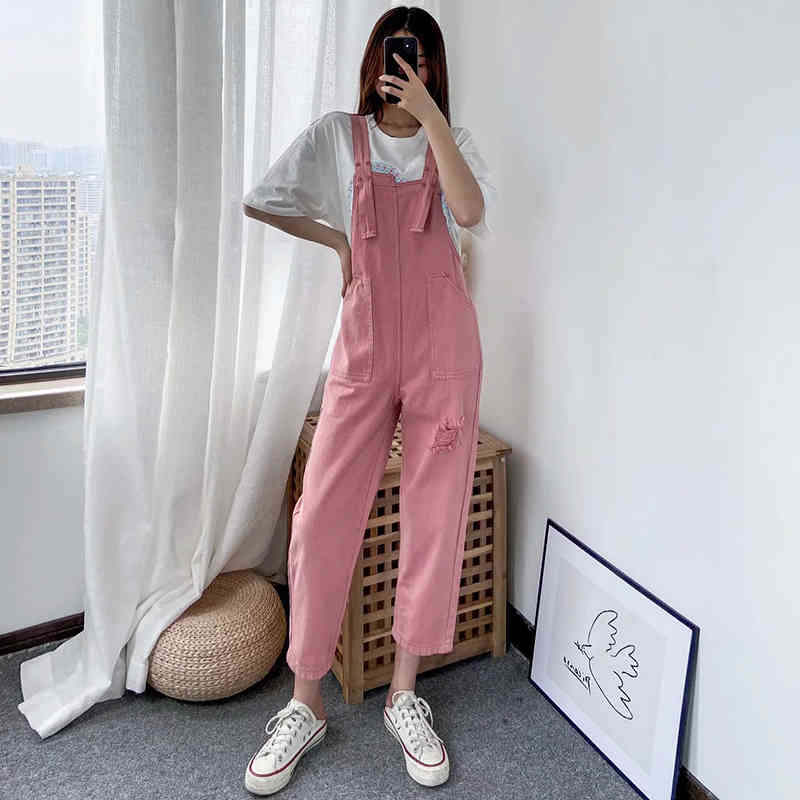 Solid Retro Holes Jumpsuit Women Summer Pink Color Pockets Loose Jump Suit Lady Casual Long Length Jumpsuits Female 210515