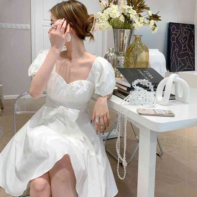 Summer Sweet White Vintage Dress Korea Elegant Women Puff Sleeve Bowknot Party Mini Female 210519