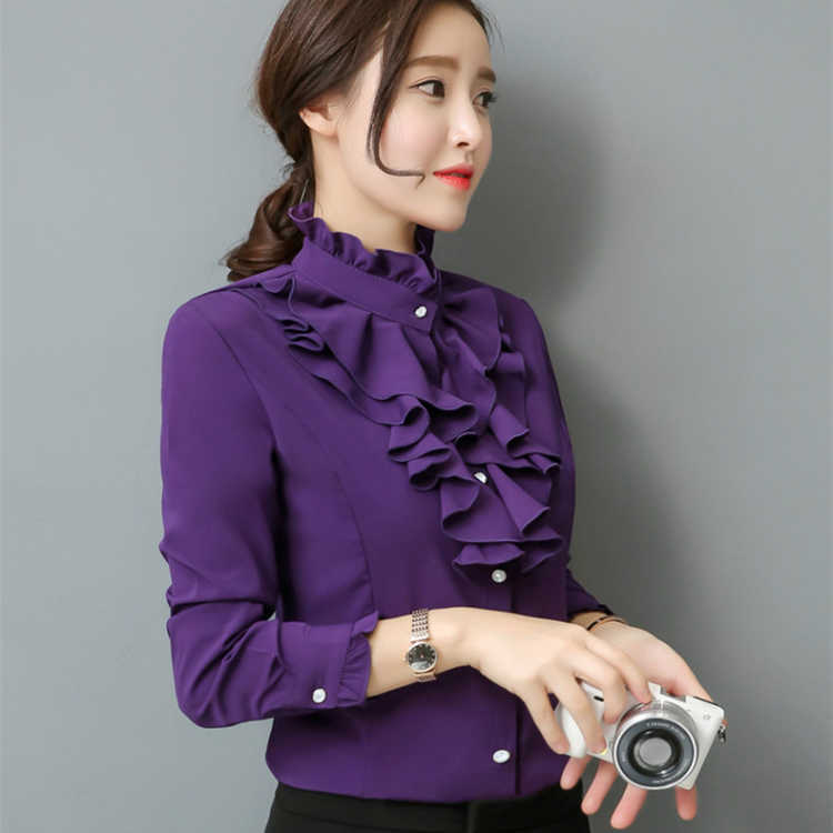 Spring Autumn Korea Fashion Office Lady Chiffon Shirt All-matched Casual Ruffles Stand Long Sleeve White Blouse Plus Size D187 210512