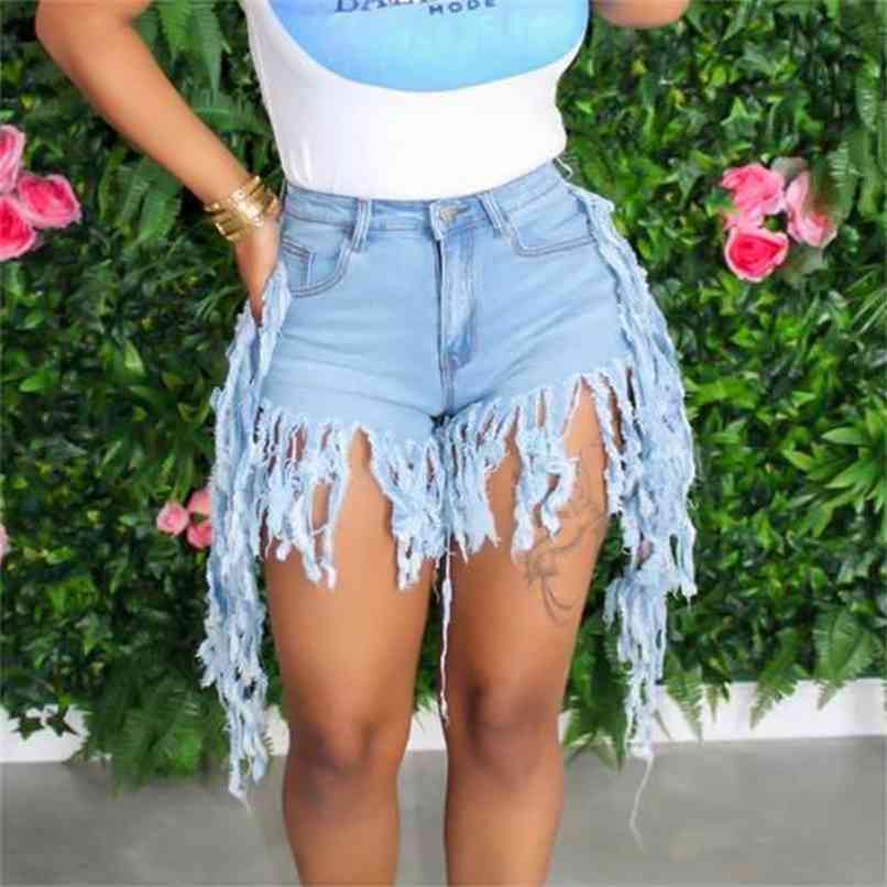 Tassel Denim Shorts Women Elastic High Waist Sexy Rave Short Jeans Casual Biker Streetwear 210714