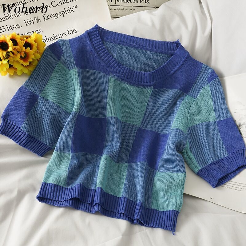 Contrast Color Plaid T-shirt Women Summer Thin Knitted Tops Korean Fashion Crop Top Knitwear Chic Streetwear 210519