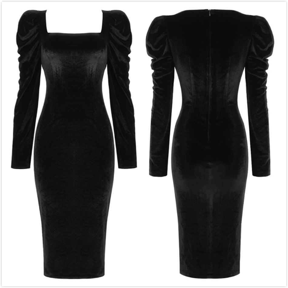 Free Women's Black Velvet Dress Elegant Square Neck Bubble Long Sleeve Bodycon Midi Club Party Vestidos 210524