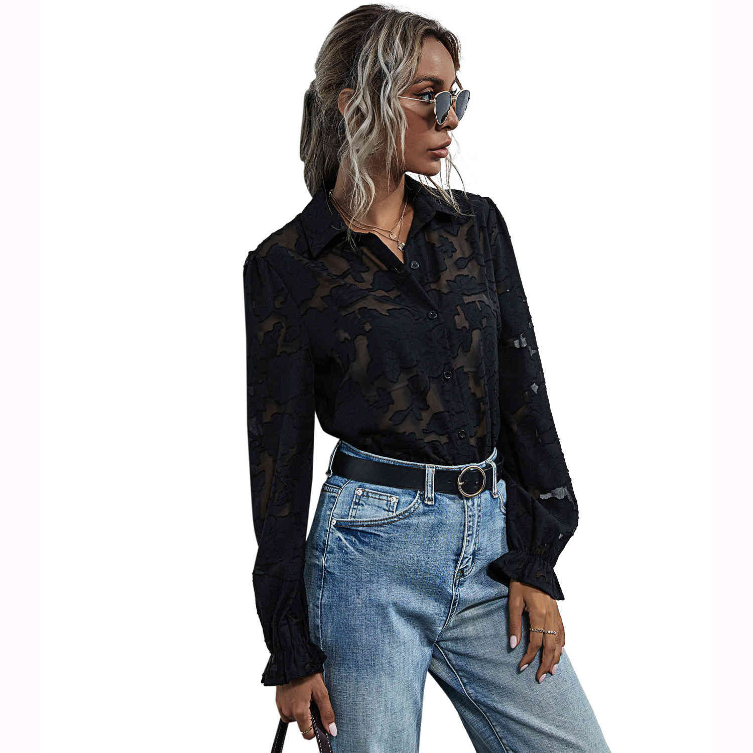 Summer v neck Vintage shirt blouse for Women's tops fashion see-through lace embroidered flower womens and blouses Full 210508