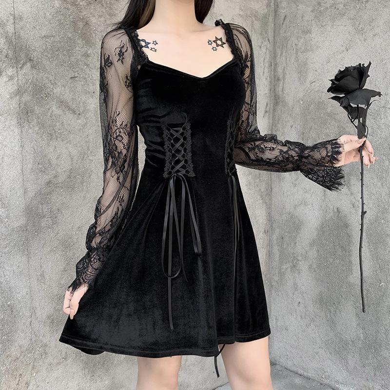 Lolita Style Harajuku Womens Slim Dress Sexy Long Sleeve Bandage Patchwork Lace Party Female Mini Short Dresses Casual