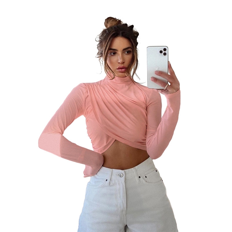European and American style women's wear in spring and autumn round neck long sleeve fashion open navel slim T-shirt 210602