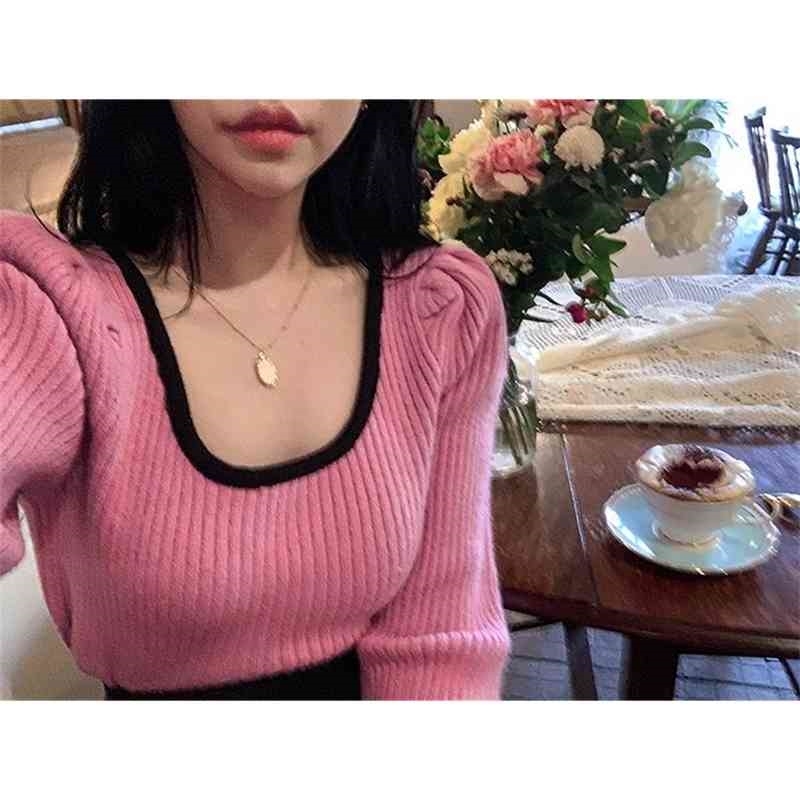 Autumn Fashion Women Square Collar Cropped Sweater Female Korean Chic Elegant Umpers Knitted Pullover Pull Femme 210519