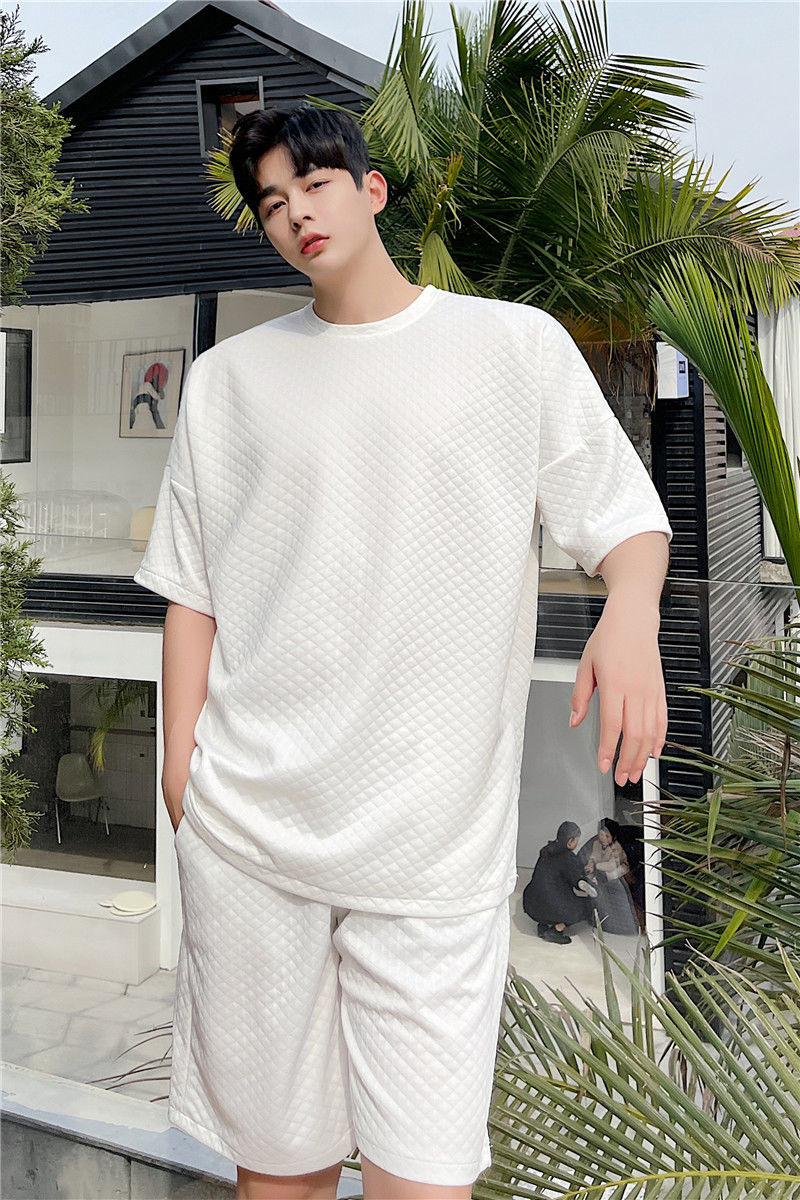IEFB Summer Trend Personalized Three-dimensional Embossed Lattice White Short Sleeve T-shirt + Shorts Men's Set 9Y7742 210524