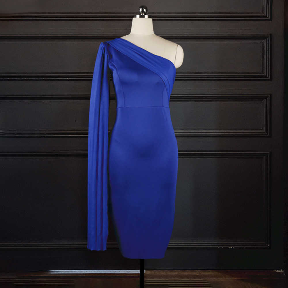 Women Party Dress Blue Elegant Celebrity Sexy One Shoulder Ruched Ribbon Bodycon Plus Size Red Dinner Date Out Night Dresses XL 210719