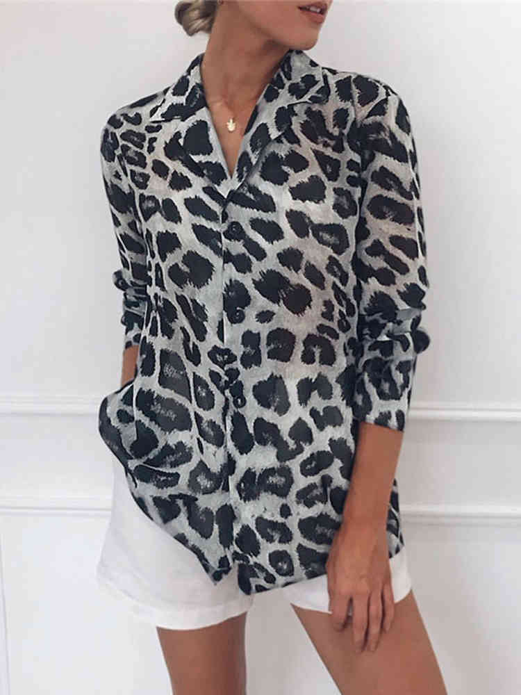 Chiffon Blouse Long Sleeve Sexy Leopard Print Turn Down Collar Lady Office Shirt Tunic Casual Loose Tops Plus Size Blusas 210428