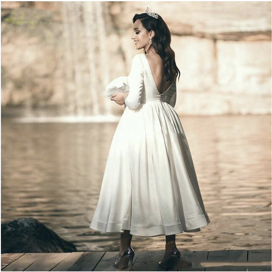 V Neck Short Wedding Dress 3/4 Long Sleeve White /Ivory Satin A-line Ankle Length Bride Gowns Backless Beach Wedding Gown