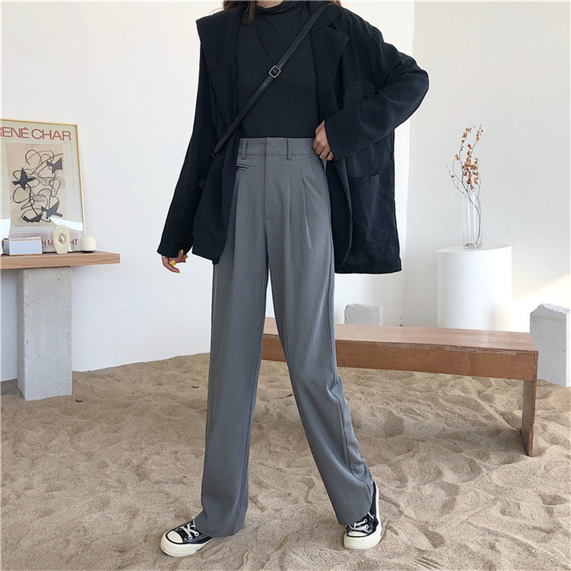 Large Size Full Length High Waist Slim Versatile Straight Korean Spring Retro Solid All Match Slender Pants 210421