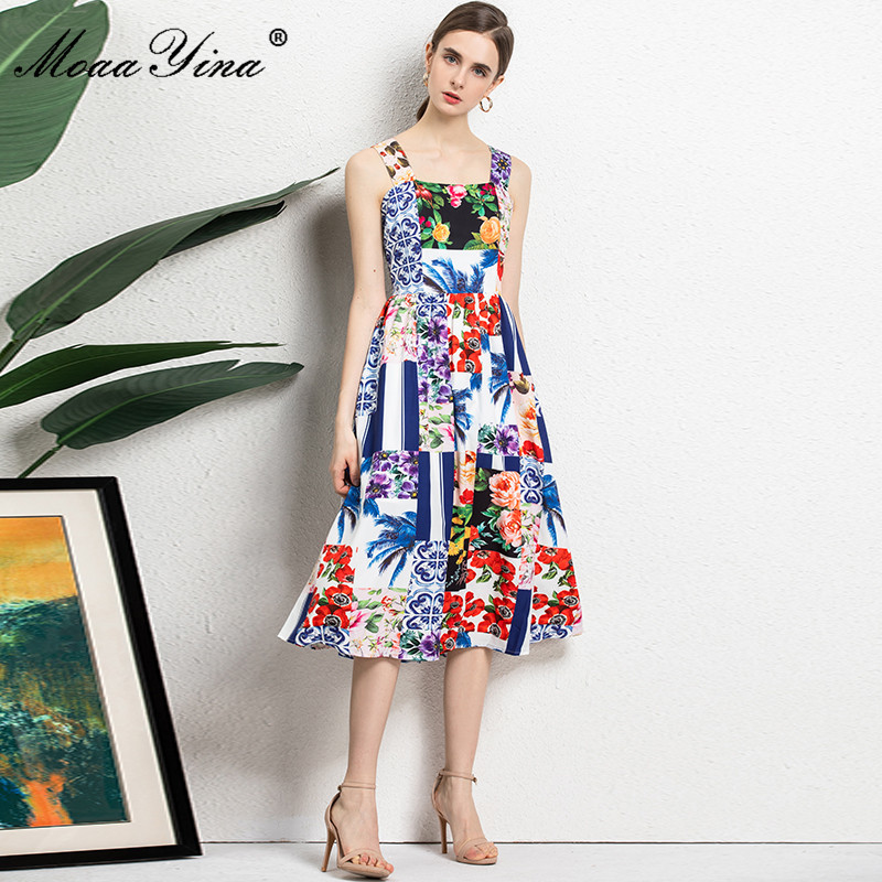 Summer Runway Bohemian Vacation Dress Women's Spaghetti Strap Floral print Elegant Midi 210524
