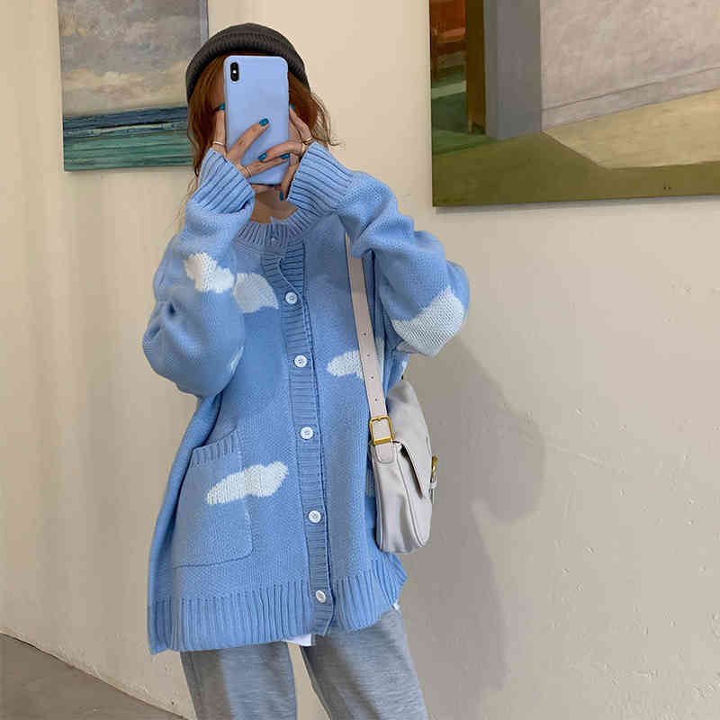Japanese Kawaii Harajuku Cardigan Women Cloud Print Korean Loose Blue Sweater Coat All Match Knitted Cardigans Jumper 210519