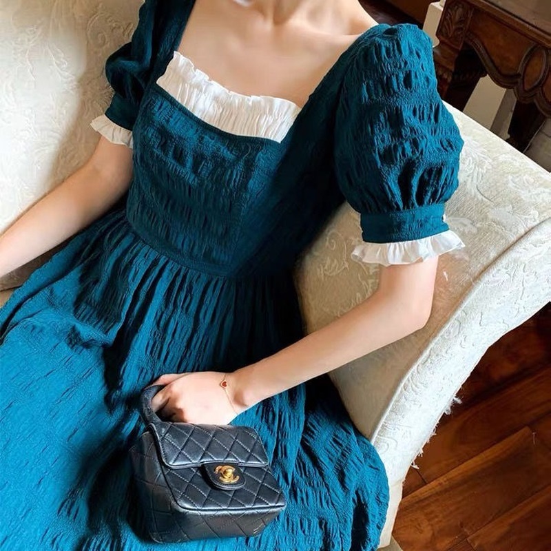 French Retro Long Fairy Dress Women Blue Square Collar Female Puff Sleeve Elegant Dress Summer Ladies Wedding Party Clothes 210331Z