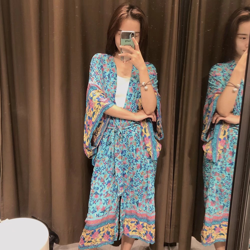 BOHO Location Floral Print Long Kimono Shirt Green Hippie Women Tie Bow Sashes Cardigan Loose Blouse Tops Holiday 210429