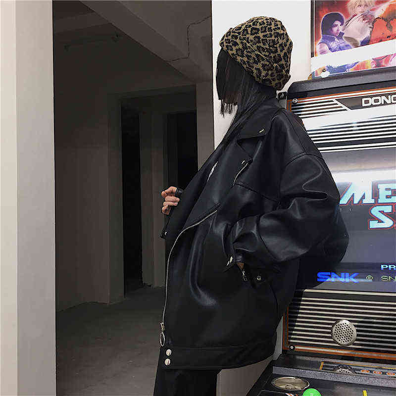 IEFB /men's wear Autumn fashion streetwear Black PU Leather oversize Jacket Loose Zipper Korean hip hop coat 9Y1188 211119