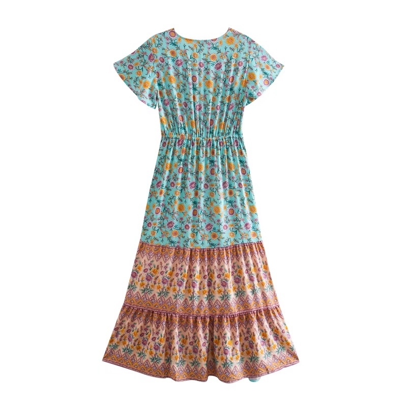 Bohemia Buttons Contrast Color Floral print Dress Summer Holiday WomanShort Sleeve Adjust Strappy Maxi Long Beach 210429