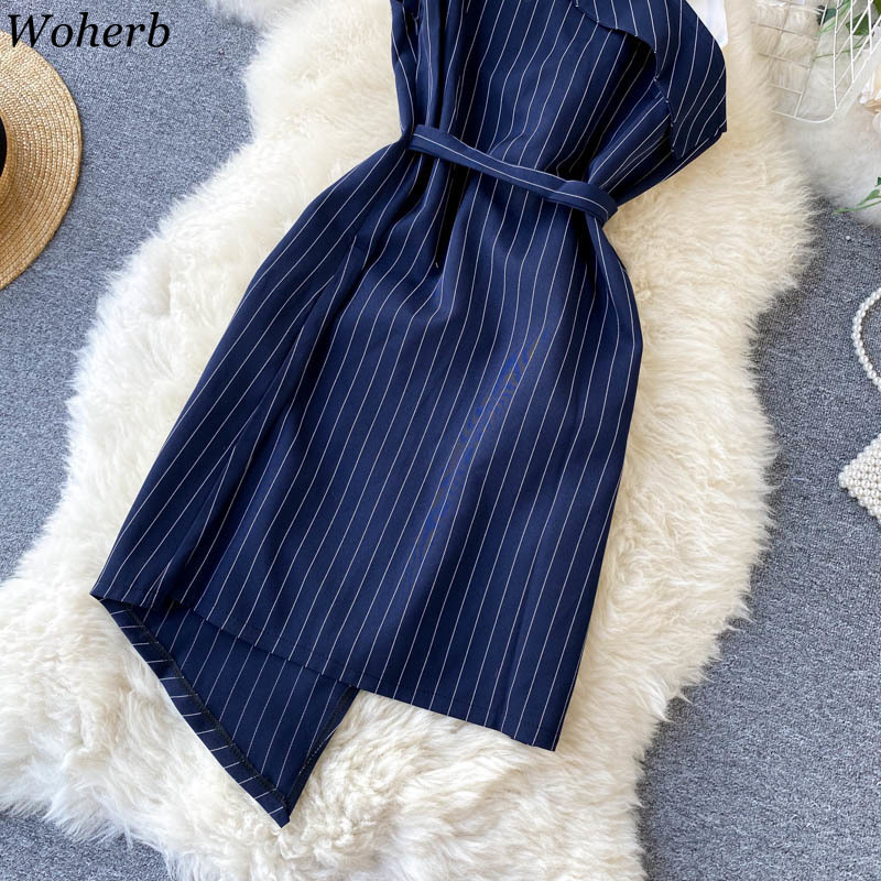 Fashion Robe Women High Street A-line Dress Summer V Neck Sleeveless Striped Patchwork Irregular Dresses Slim Vestidos 210519