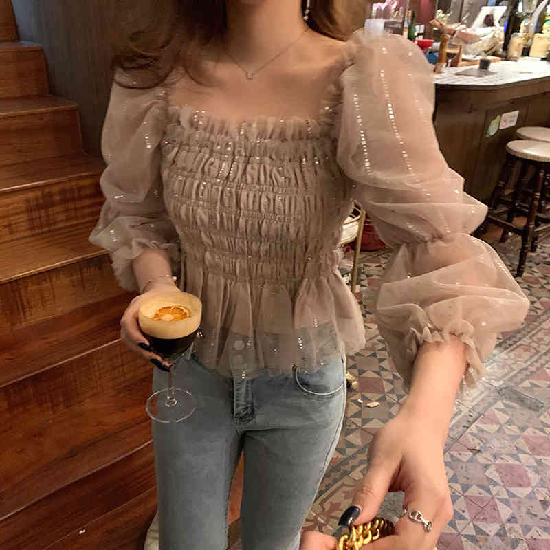 Sequined Patchwork Blouse Women Chiffon Crop Blusas Korean Chic Puff Sleeve Shirts Fashion Sexy Summer Lady Tops 210519
