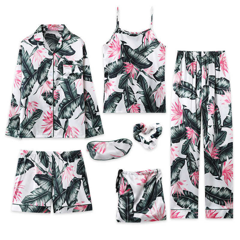 Pajamas Suit Print Women Sleepwear Satin Casual 7PCS Sleep Set Intimate Lingerie Novelty Nightwear Pyjamas Homewear Q0706