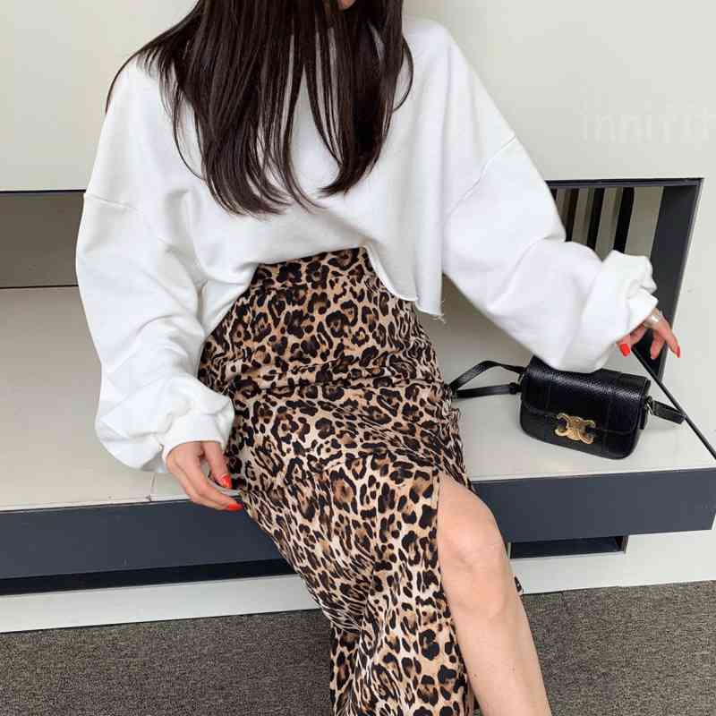 Skirts Korean Chic Vintage High Waist Irregular Leopard Print Skirt Women Casual Mid Length Faldas Mujer Moda Spring Summer 210429