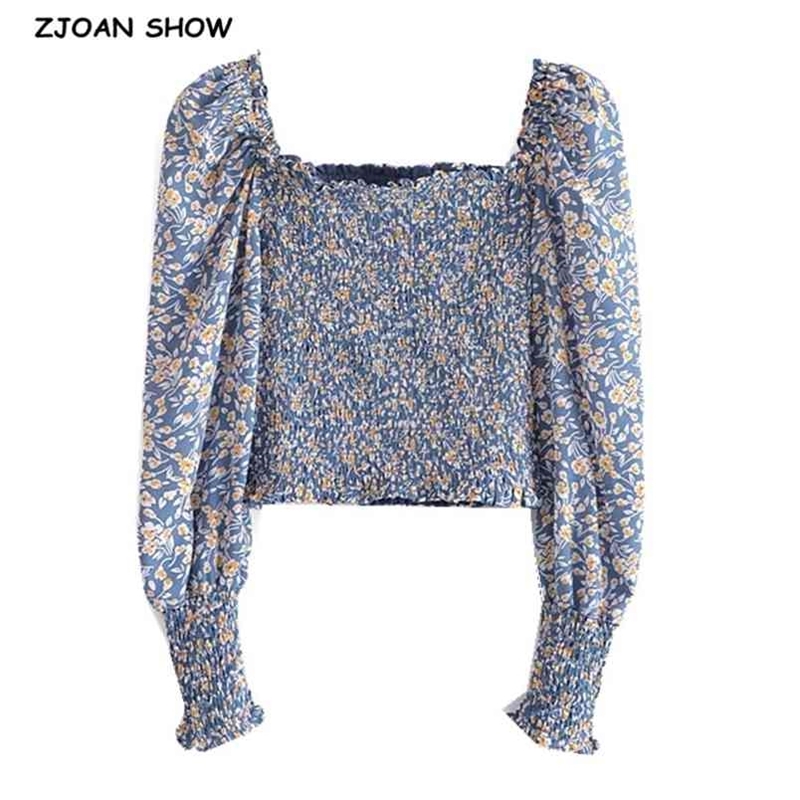 Vintage Blue Floral Print Crop Shirt Women Sexy Square Neck Elastic Ruched Body Slim Fit Blouse French Summer Elegant Tops 210429