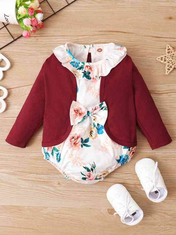 Baby Open Front Coat & Floral Print Ruffle Trim Bodysuit SHE