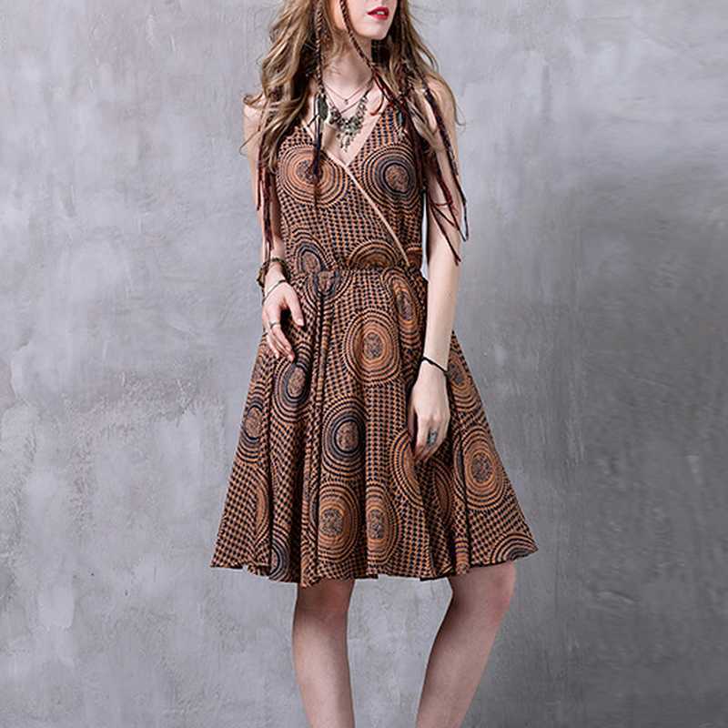 Summer Chic Print Chiffon Big Swing Dresses for Women Vintage V-neck Fashion Vest Elegant Office Lady Vestidos 210525