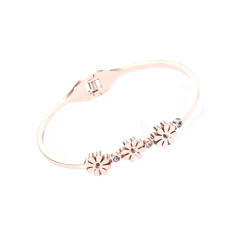 Fancy Korean Style Three Daisy Stainless Steel Open Bangle Bracelet Jewelry for Women Gift