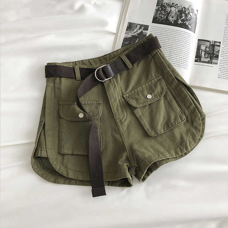 TIGENA Army Green Cotton Cargo Shorts for Women Summer Fashion Wide Leg Belt Pocket High Waist Shorts Female 210625