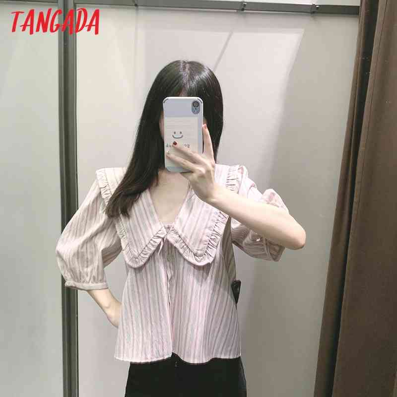 Women Retro Striped Print Oversize Collar for Summer Sleeve Chic Female Short Blouse Shirt Tops 3H100 210416