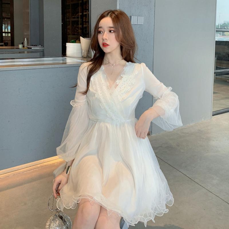 Sannian French Personality Dress Summer Retro Mesh V-neck Lace Clothes China Long Pleated Dresses Preppy Style Casual
